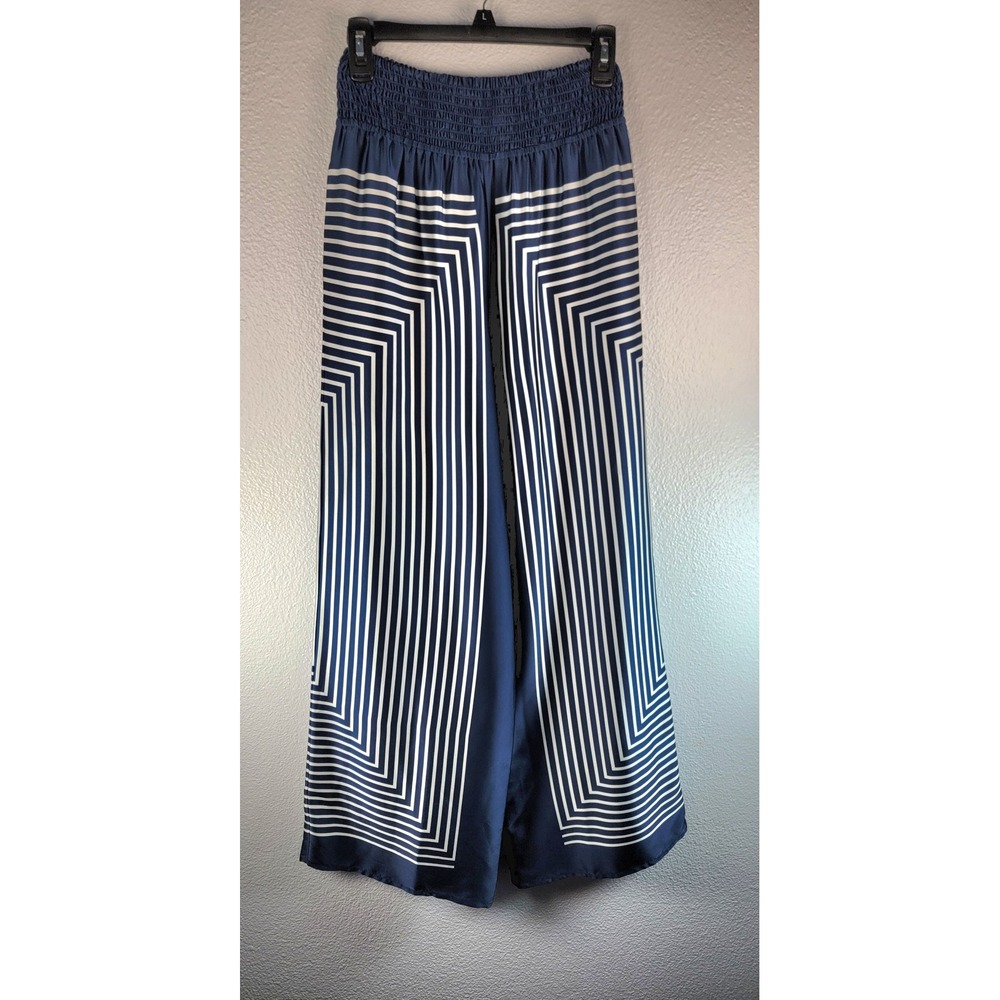 Hutch Navy Blue White Geometric Striped Wide Leg Smocked Waist Pants 4338 Small